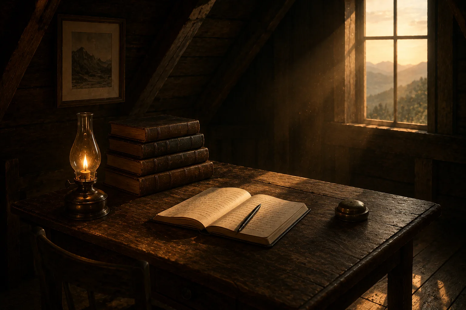 A quiet editor's desk at golden hour — oil lamp, open notebook, stack of well-worn books.