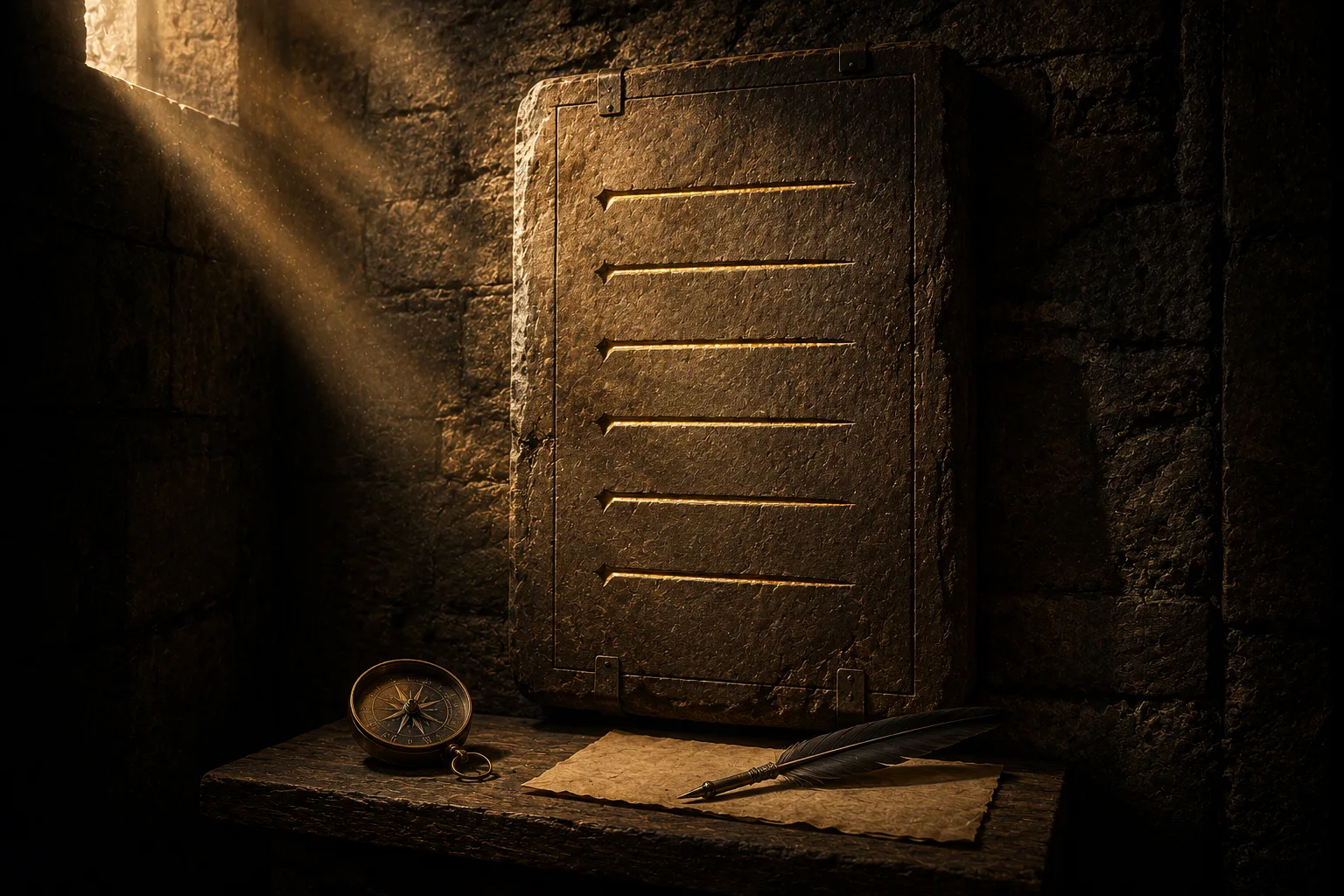 A weathered stone tablet with six incised marks, lit by a warm shaft of light. Brass compass and quill on a ledge below.
